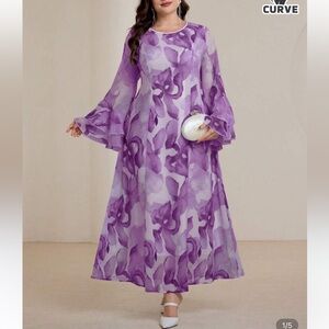 SHEIN Women’s Romantic Chiffon Purple Floral Print Flare Sleeve Midi Dress